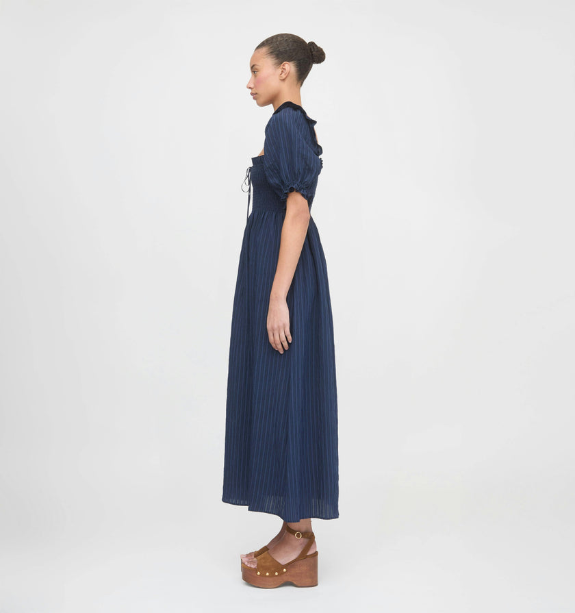 The Scarlett Midi Nap Dress - Navy Tonal Seersucker