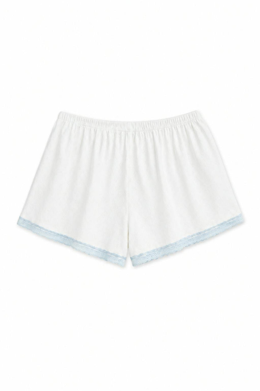 Teddy White With Pastel Blue Lace Heart Pointelle Shorts