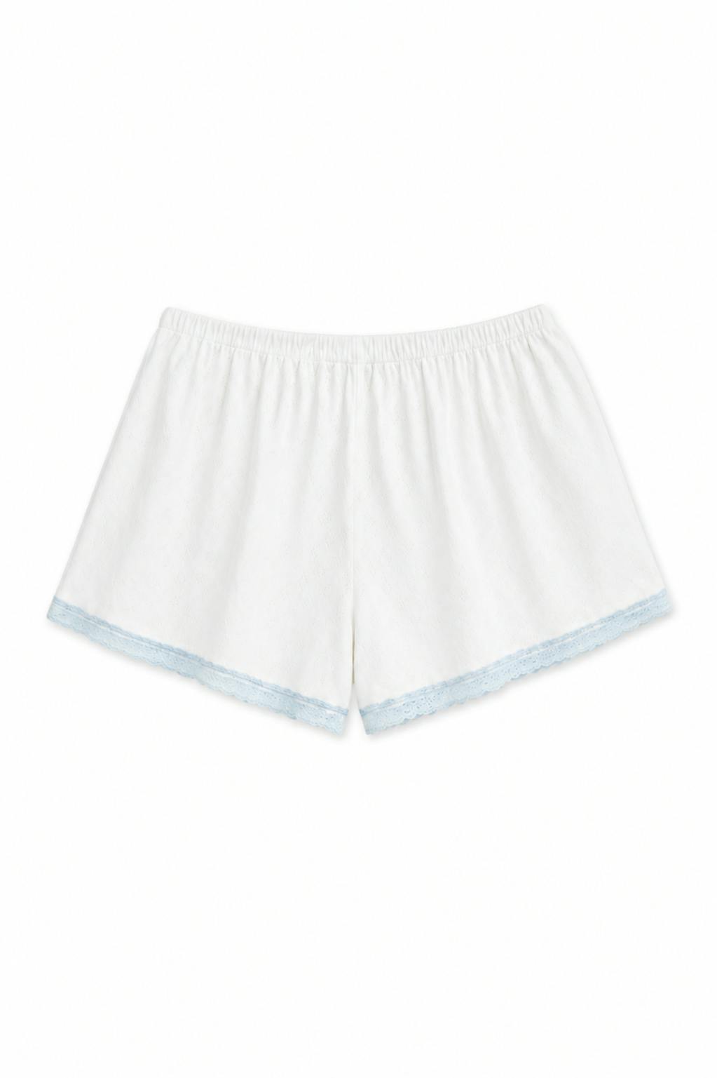 Teddy White With Pastel Blue Lace Heart Pointelle Shorts