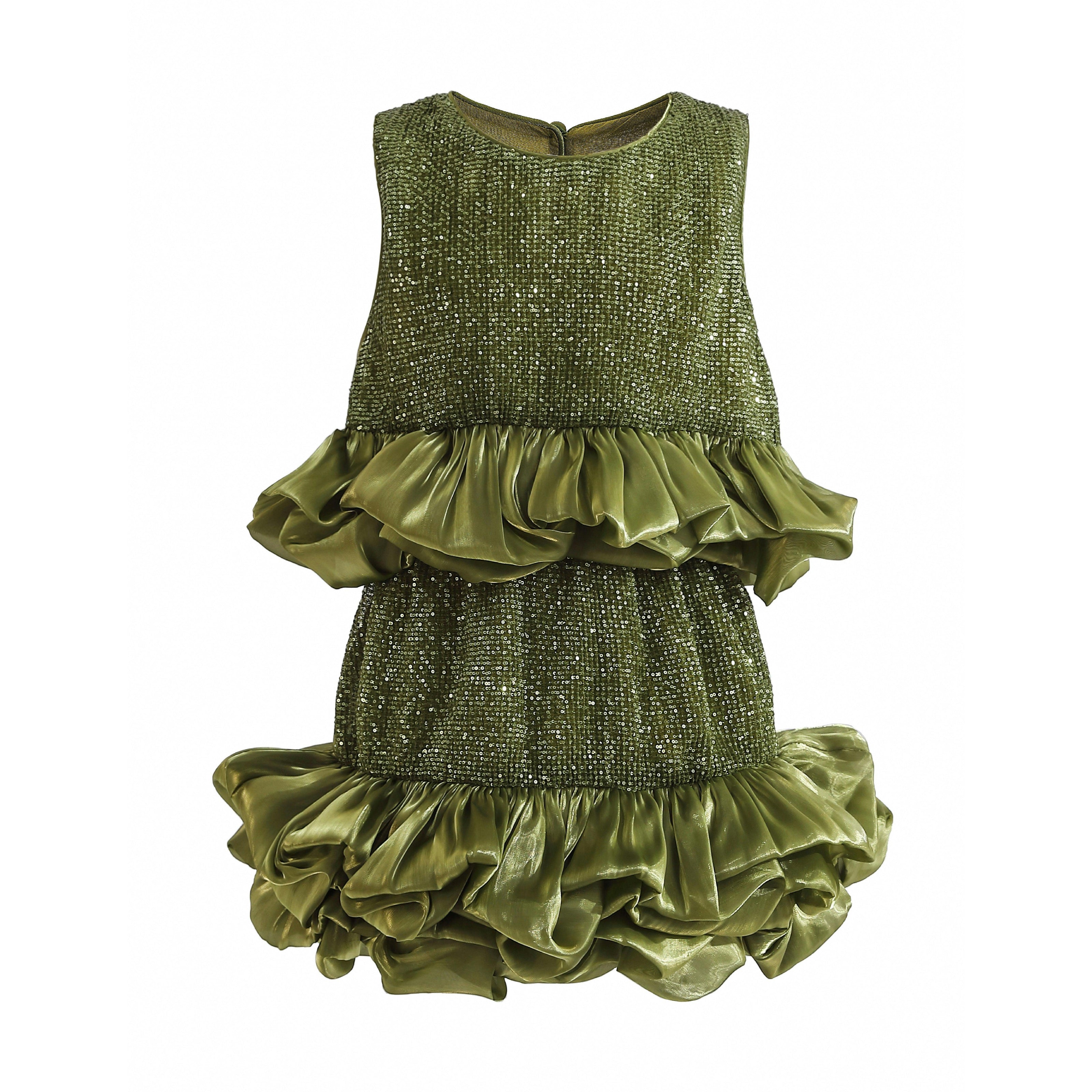 Green Evadelle Satin Ruffle Skirt Set