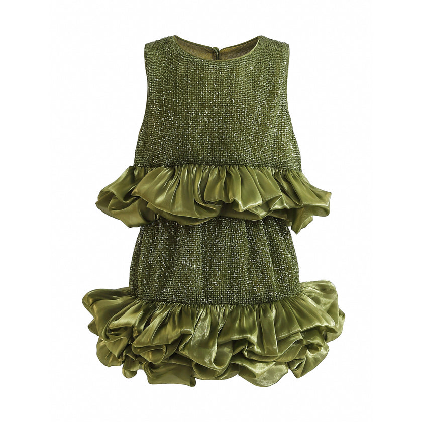 Green Evadelle Satin Ruffle Skirt Set