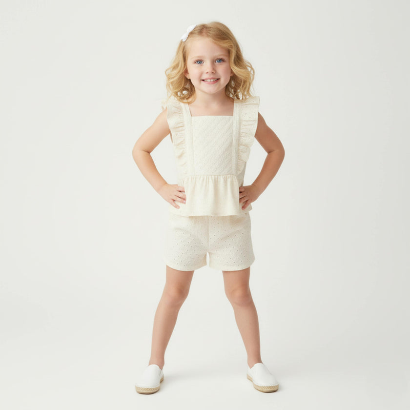 Organic Eyelet Flutter Top And Shorts Set - Ivory Eyelet