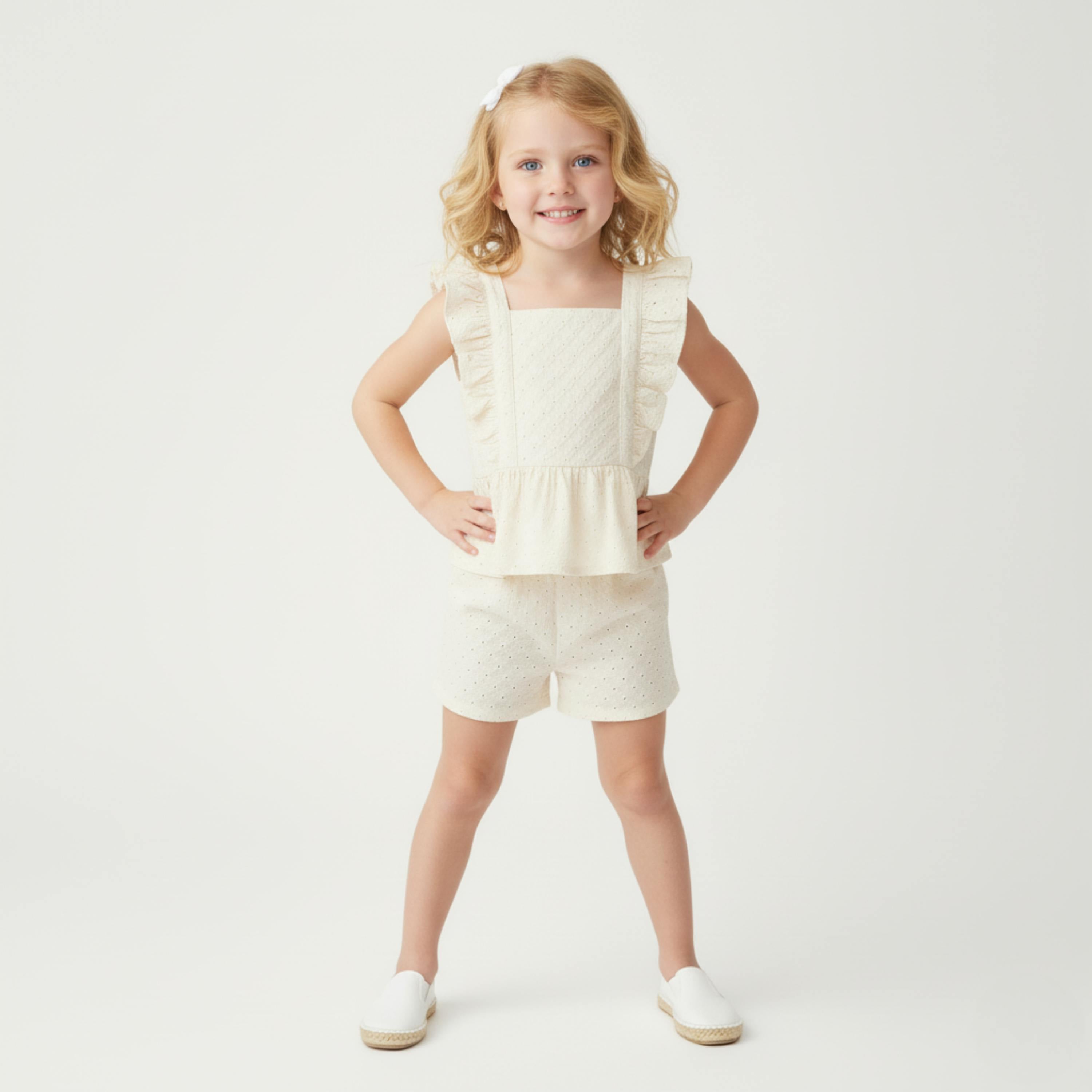 Organic Eyelet Flutter Top And Shorts Set - Ivory Eyelet