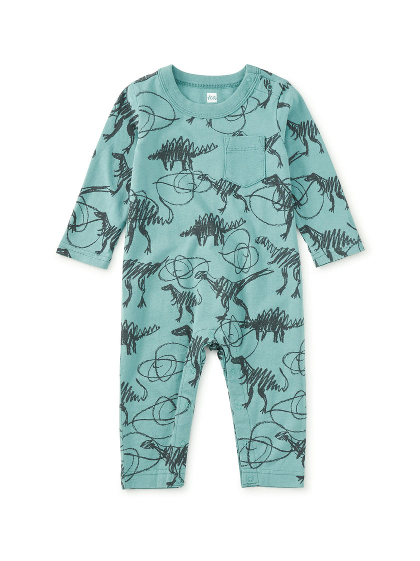 Long Sleeve Pocket Baby Romper, Scribbled Dinosaurs