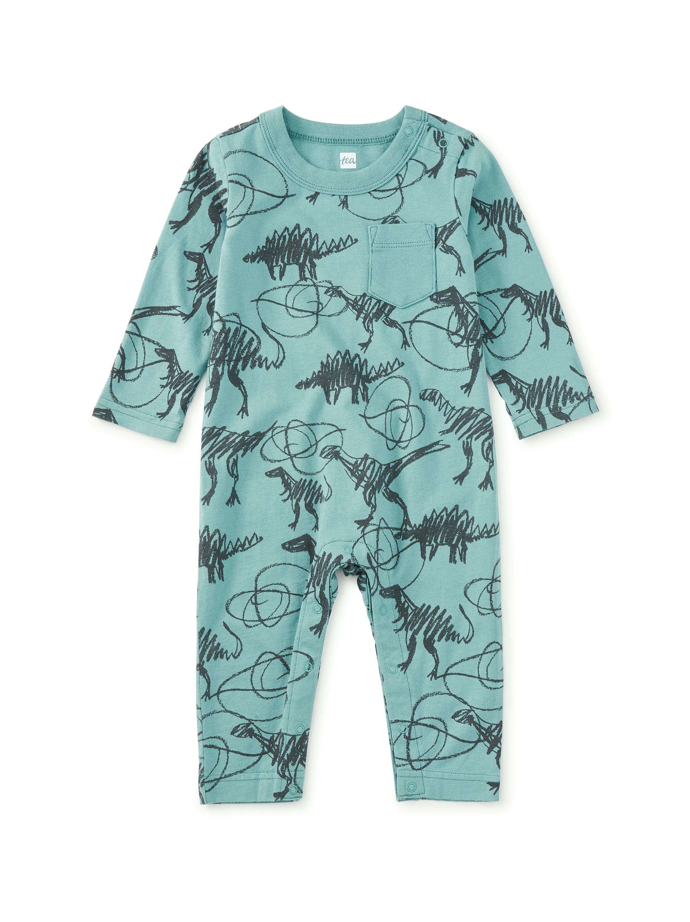 Long Sleeve Pocket Baby Romper, Scribbled Dinosaurs