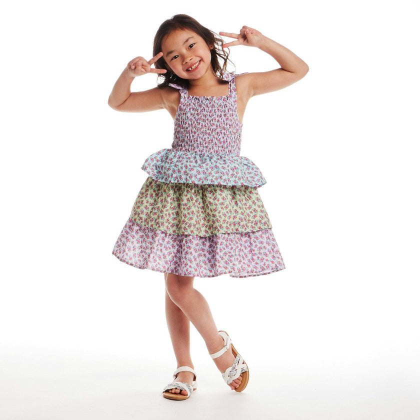 Kids Color Blocked Floral Tiered Dress