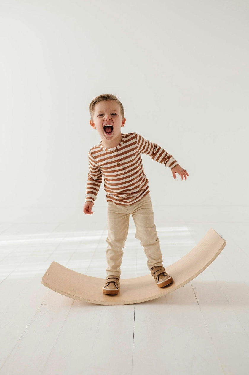 Boys Long Sleeve Henley Shirt in Caramel Stripe