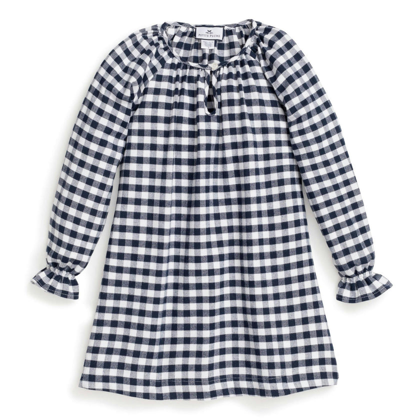 Girl's Flannel Delphine Nightgown in Navy Gingham