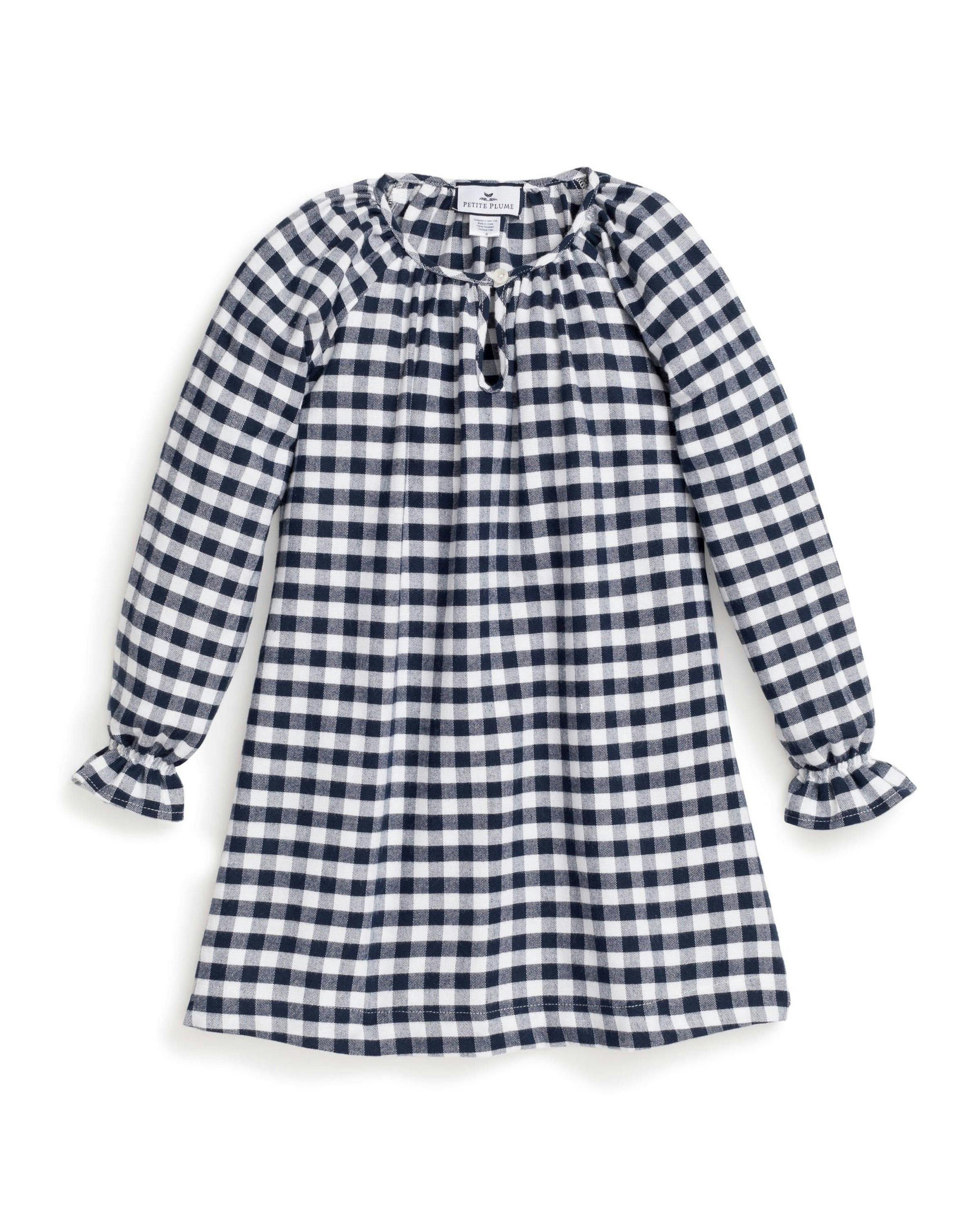 Girl's Flannel Delphine Nightgown in Navy Gingham