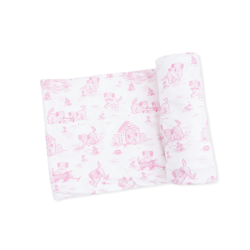 Puppy Toile Pink - 2 Way Ruffle Back Zipper Footie with Bandana Bib, and Swaddle Blanket Set