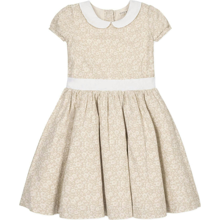Short Sleeve Linen Dress with Peter Pan Collar, Brown
