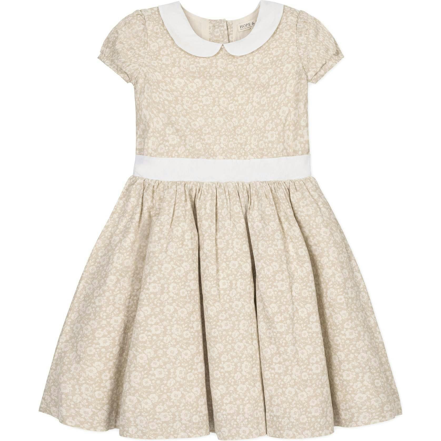 Short Sleeve Linen Dress with Peter Pan Collar, Brown