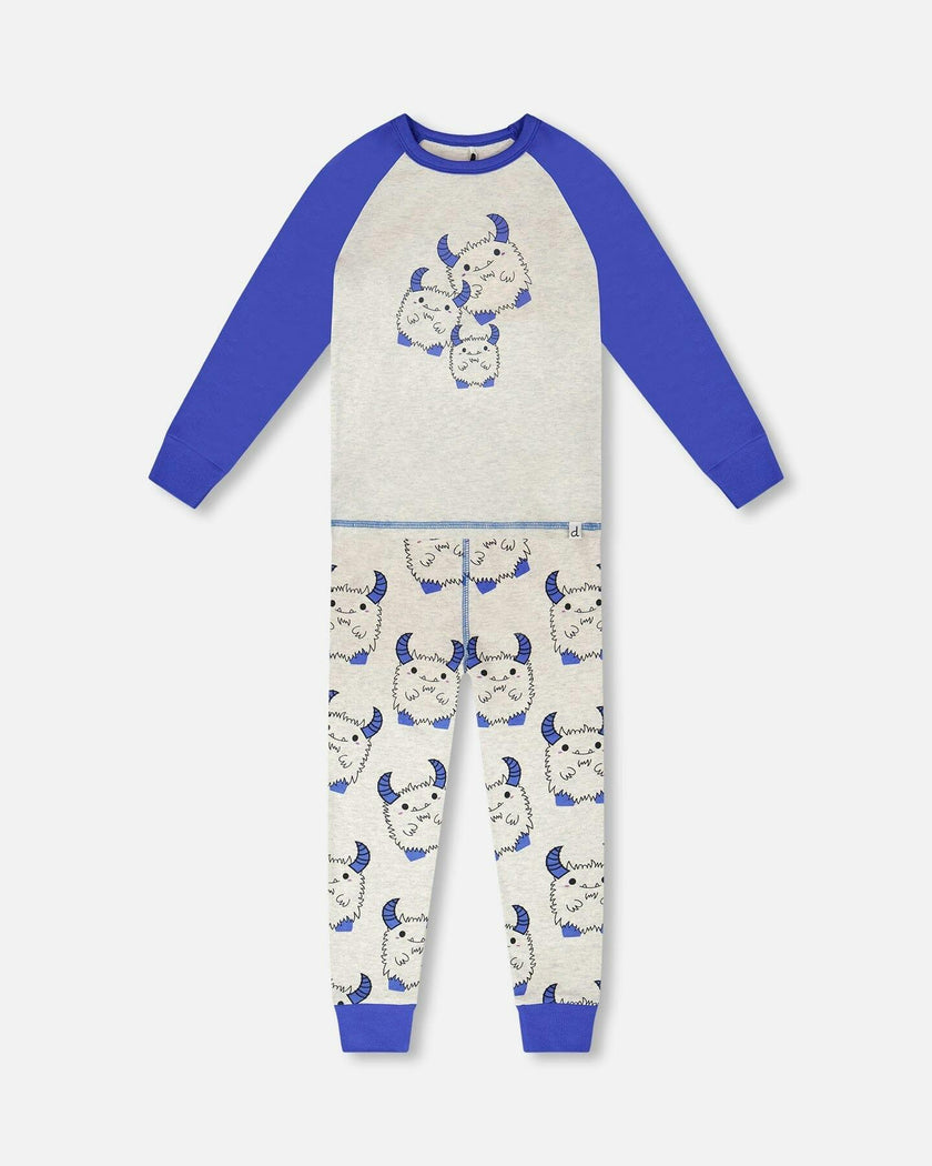 Organic Cotton Two-Piece Pyjama Set Grey Mix Monster Print