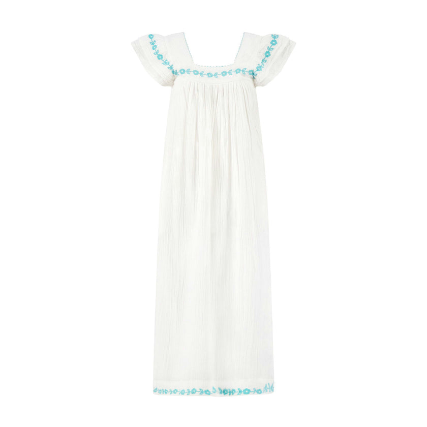 Maxi Sandrine Womens Dress Aqua Floral Embroidery, Aqua Floral Embroidery