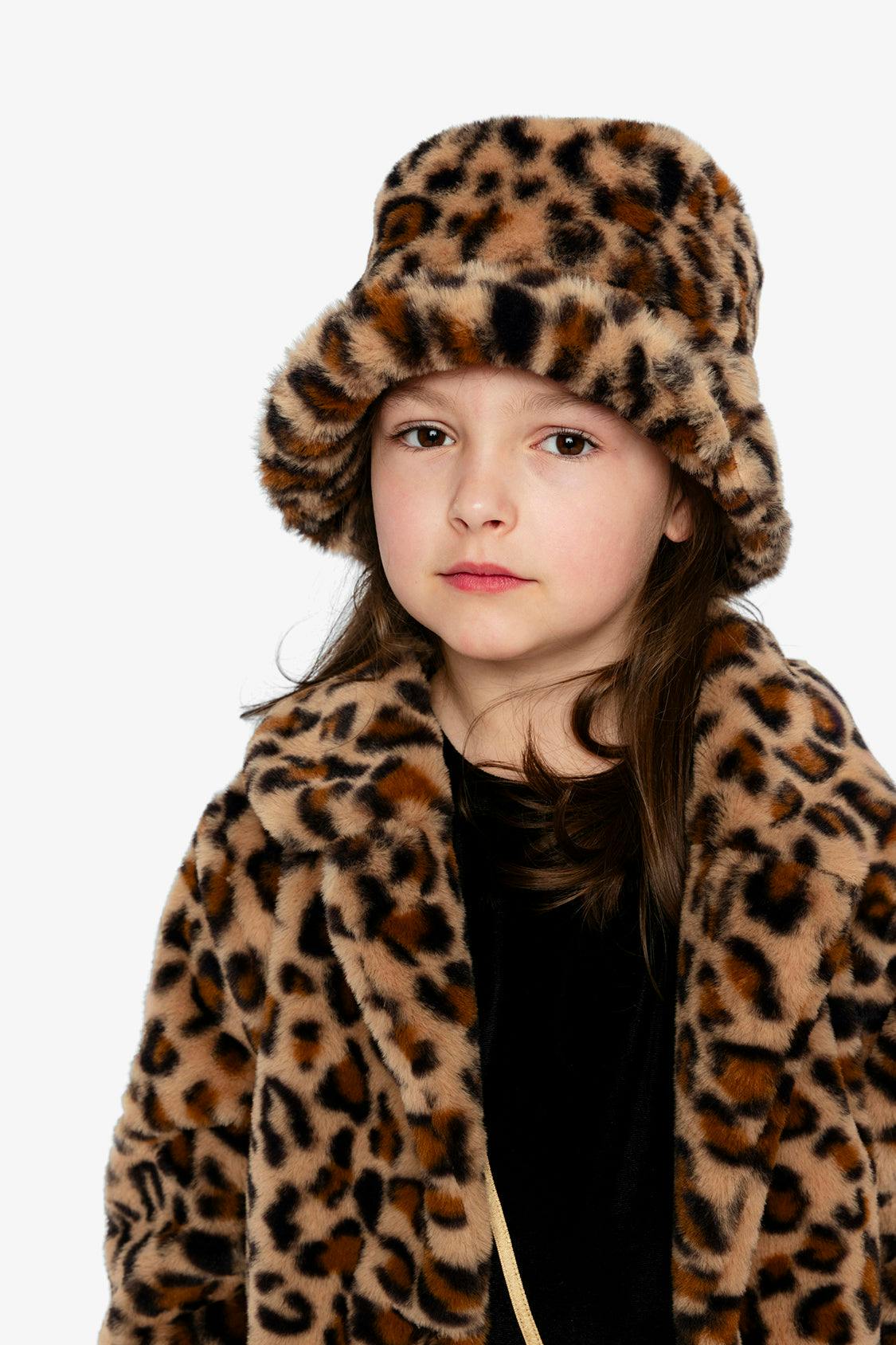 Faux Fur Bucket Hat Brown Leopard Print
