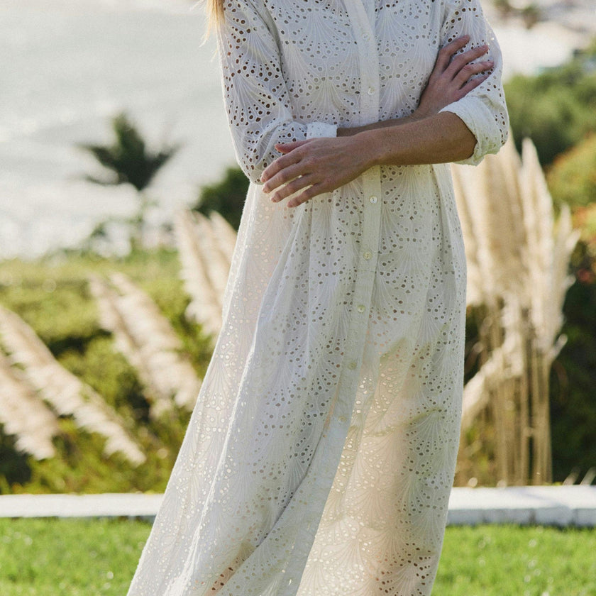 Birdie Eyelet Long Dress in White Eyelet