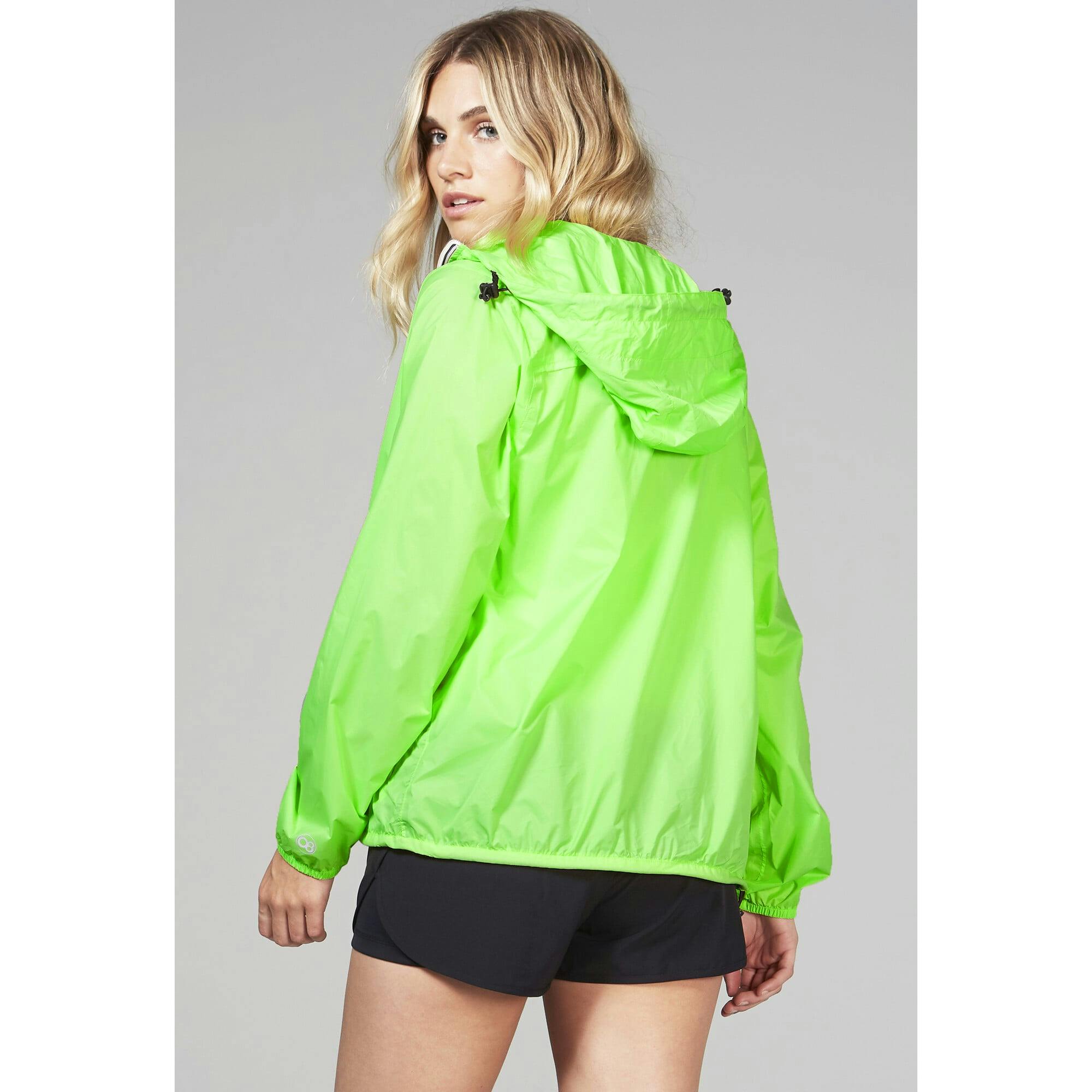 Green fluo full zip packable rain jacket and windbreaker
