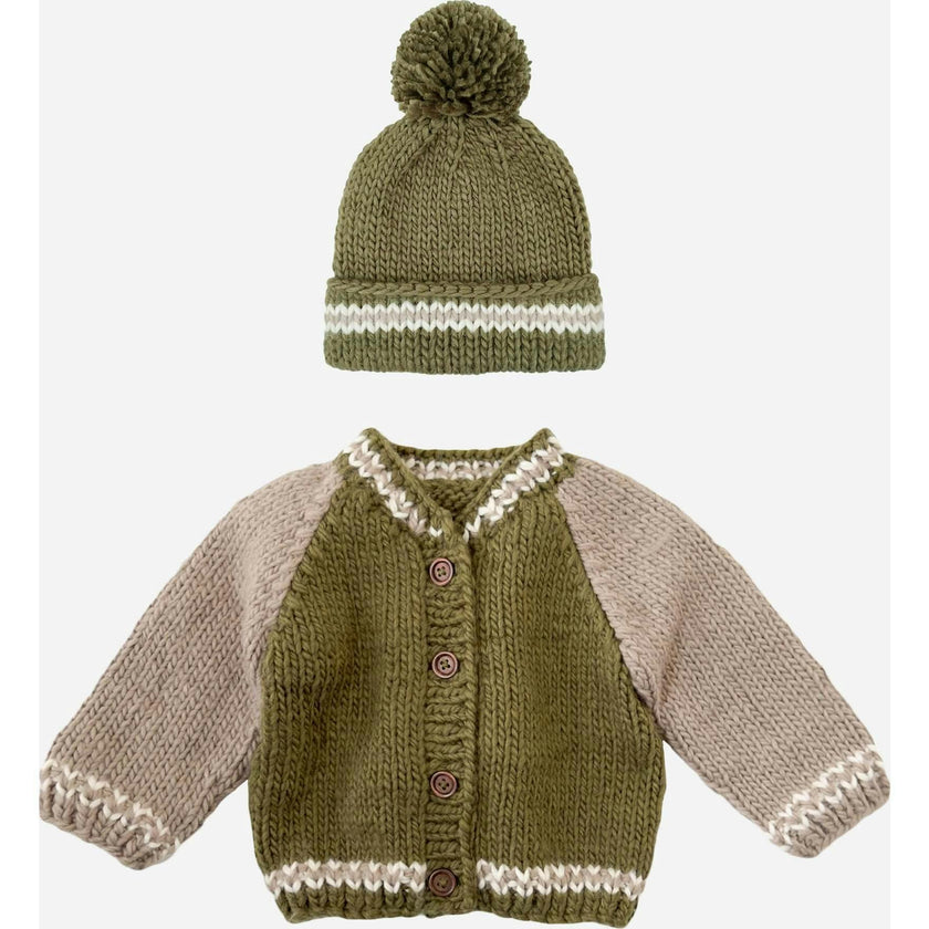 Varsity Cardigan and Hat Set - Moss