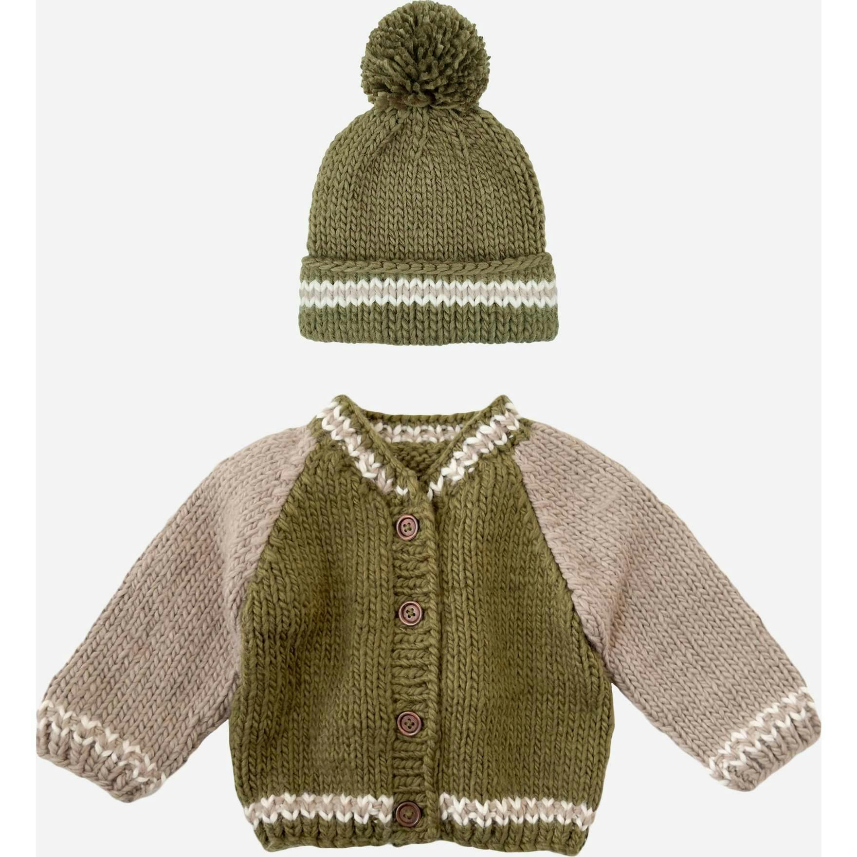 Varsity Cardigan and Hat Set - Moss