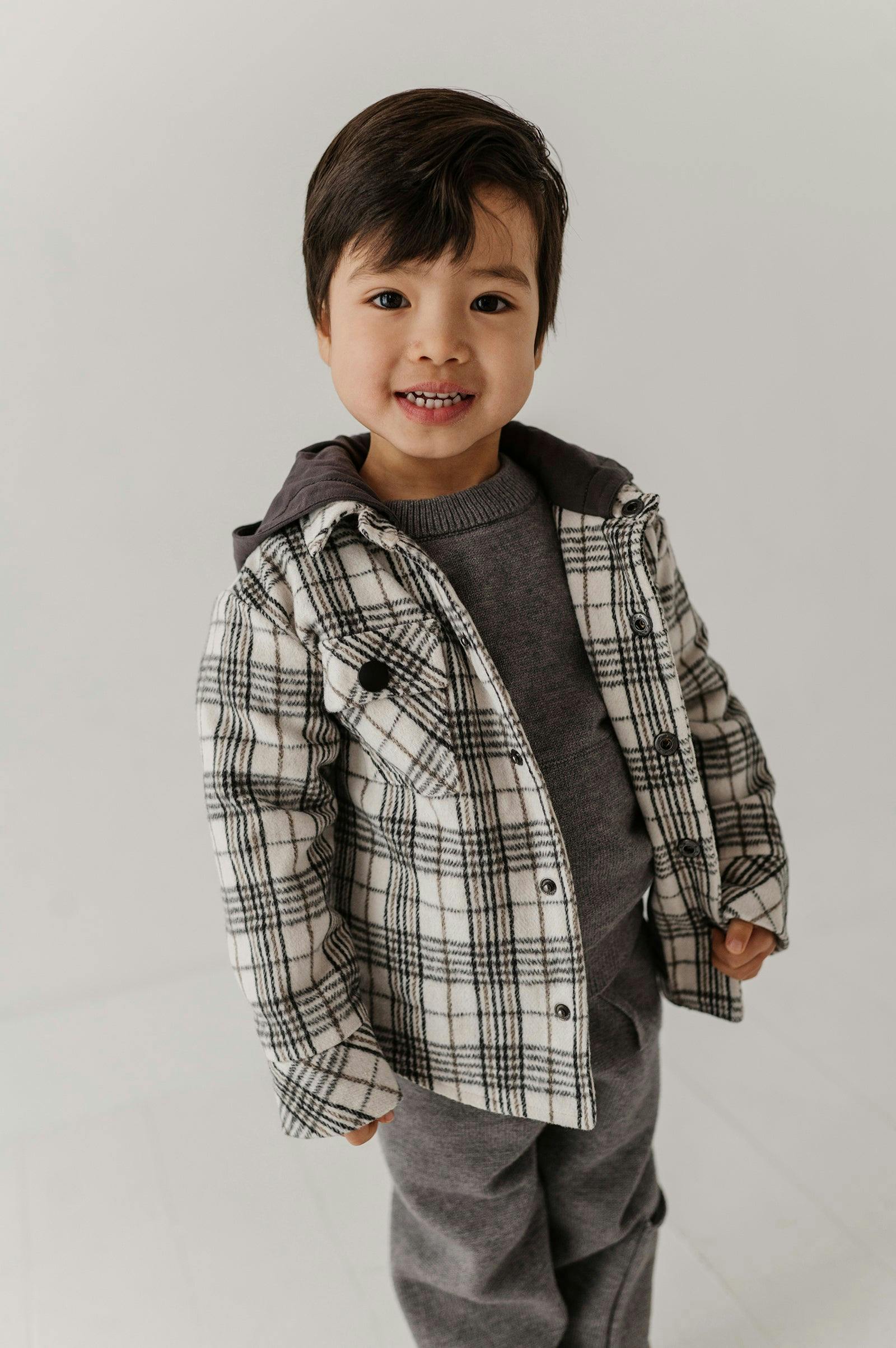 Kids Hooded Shacket in Granite Plaid