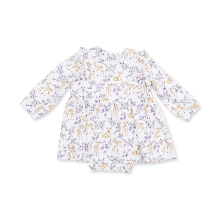 Floral Deer - Long Sleeve Ruffle Bodysuit Dress