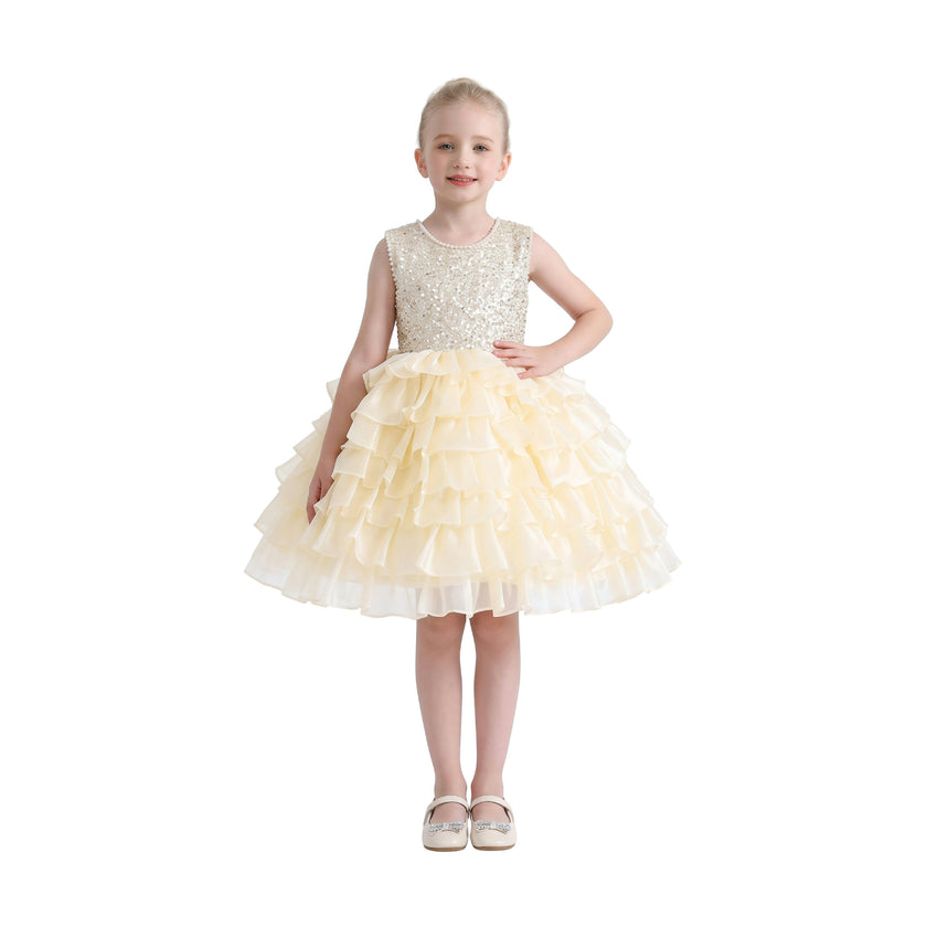 Cream Lucinda Sequin Ruffle Dress