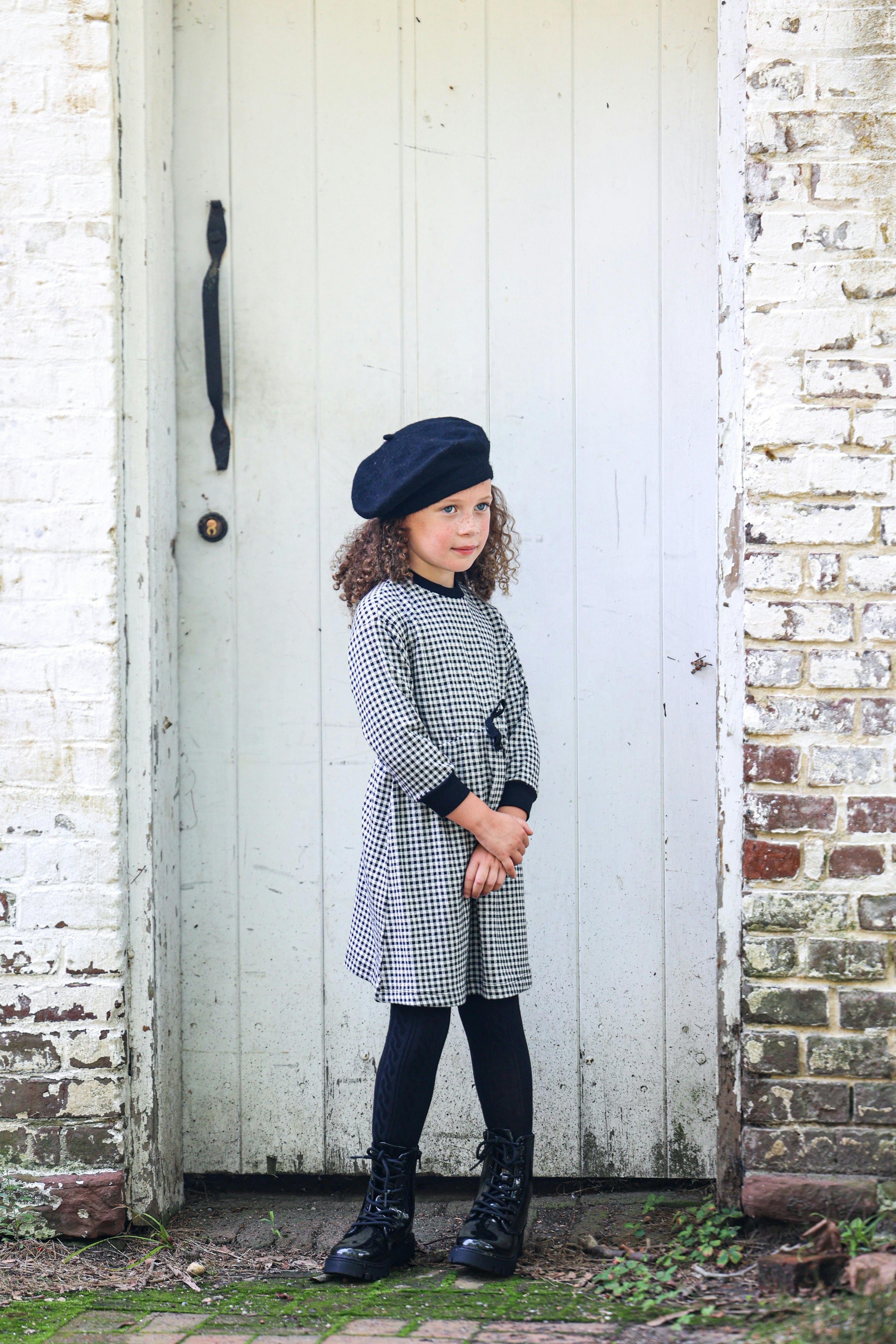 Soft Gingham Contrast Neck & Cuff Long Sleeve Dress