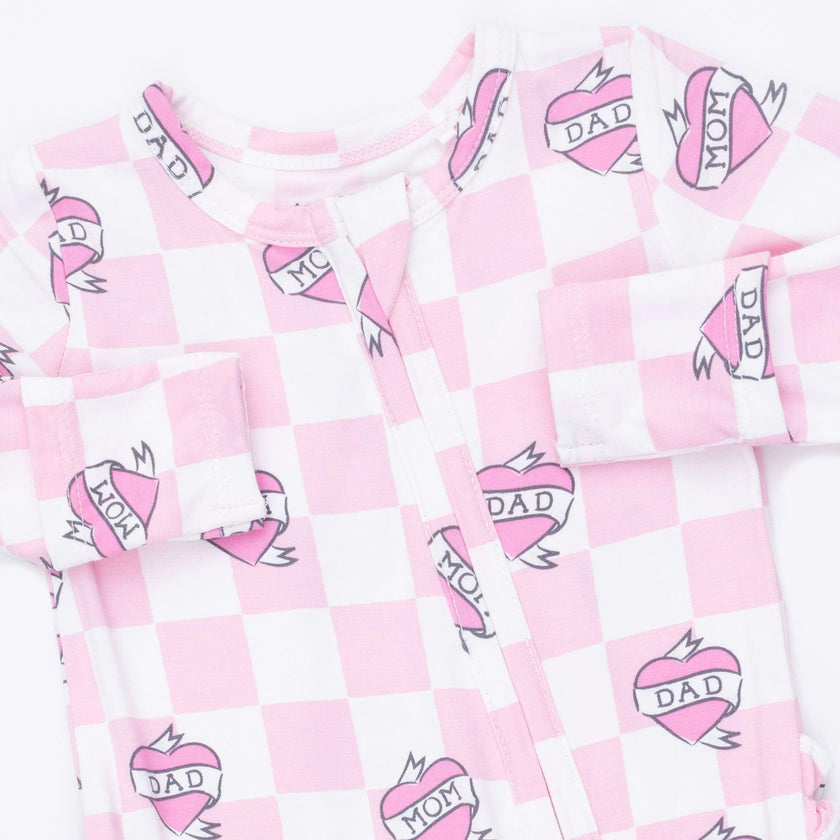 Heart Tattoo Check Pink - 2 Way Ruffle Back Zipper Footie