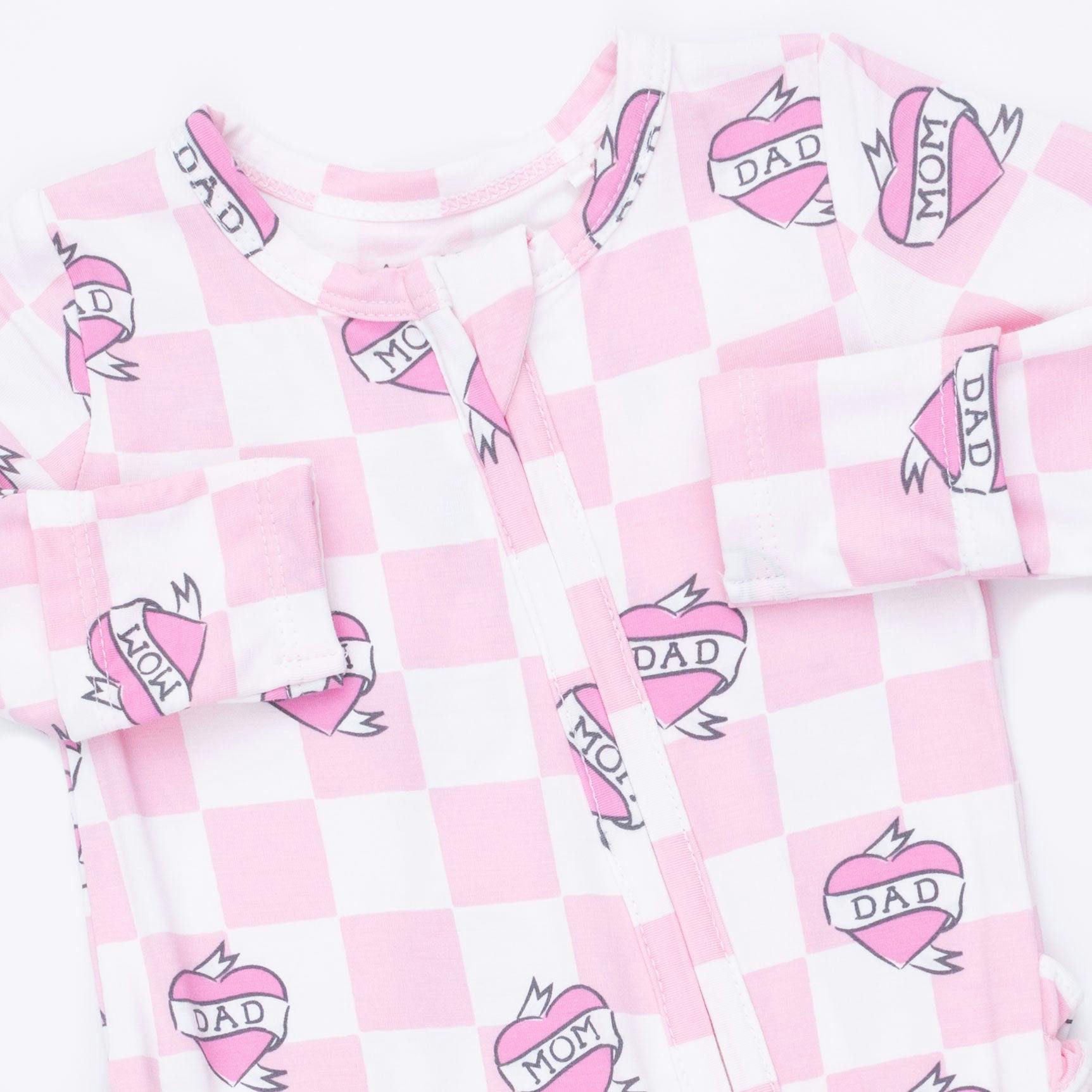 Heart Tattoo Check Pink - 2 Way Ruffle Back Zipper Footie