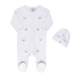Vehicle Embroidered Cotton Romper w/Hat White