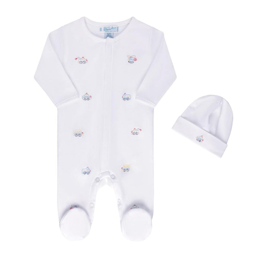 Vehicle Embroidered Cotton Romper w/Hat White