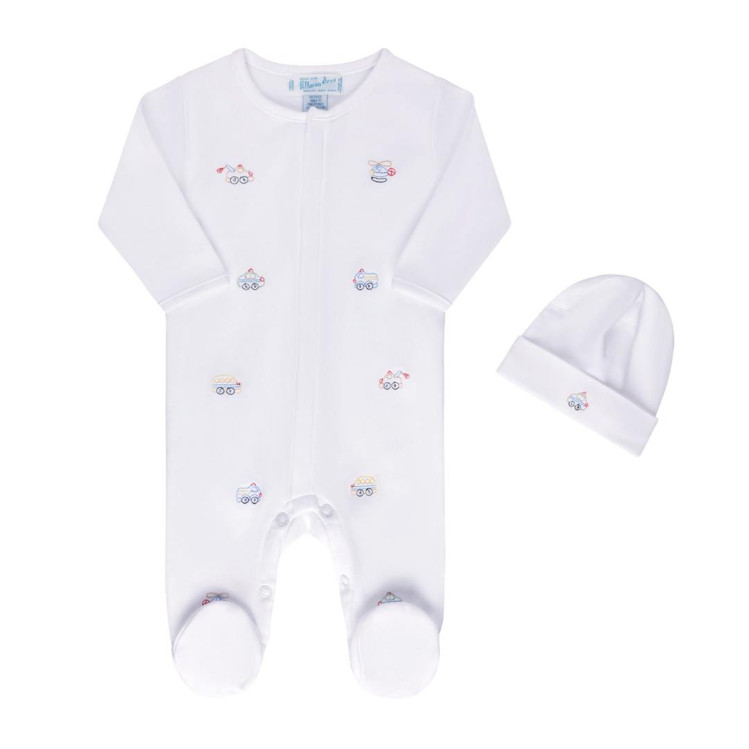 Vehicle Embroidered Cotton Romper w/Hat White