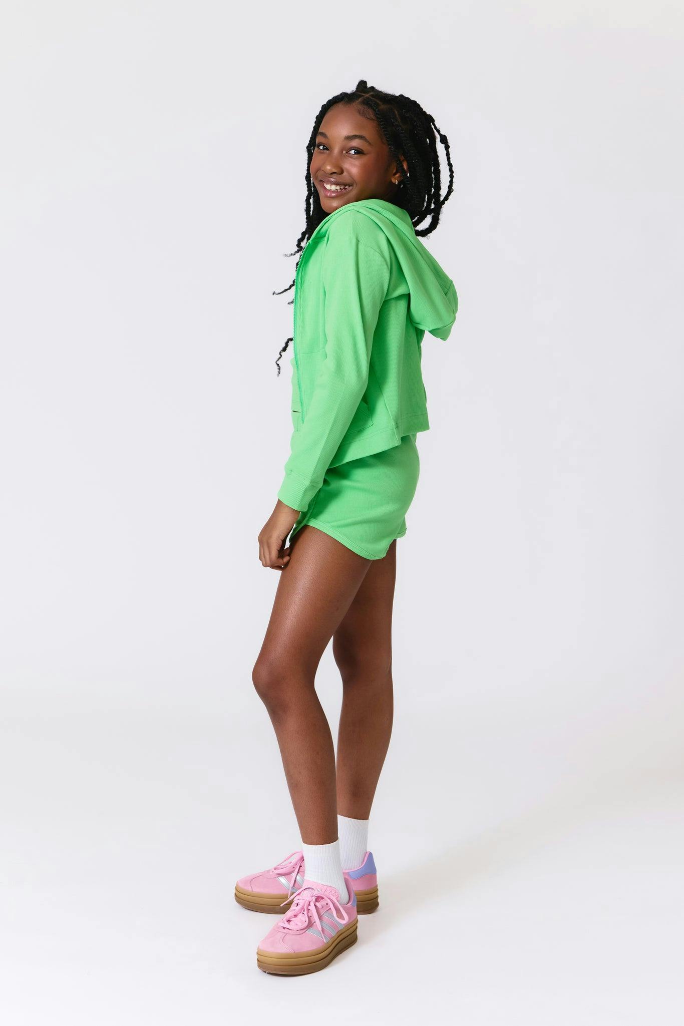 Girls Rib Hoodie in Tropic Green