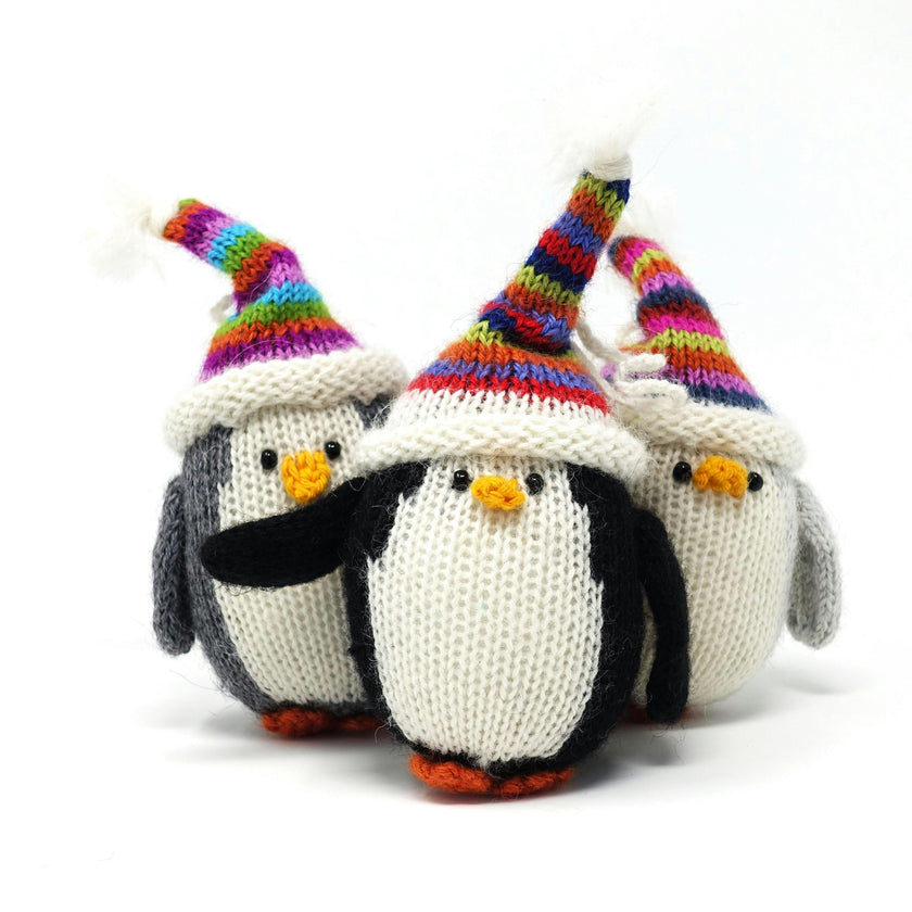 Penguins with Striped Hats Ornaments