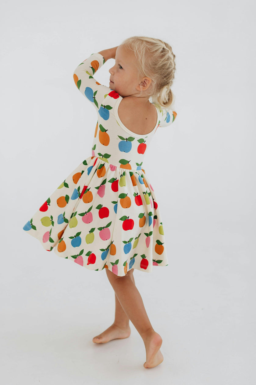 3/4 Sleeve Twirl Dress in Colorful Apples