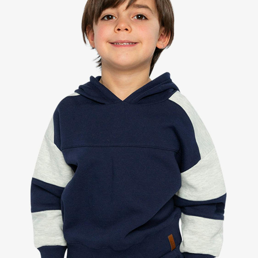 Hooded Striped Fleece Cardigan Dark Blue and Beige