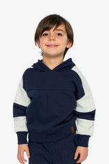 Hooded Striped Fleece Cardigan Dark Blue and Beige