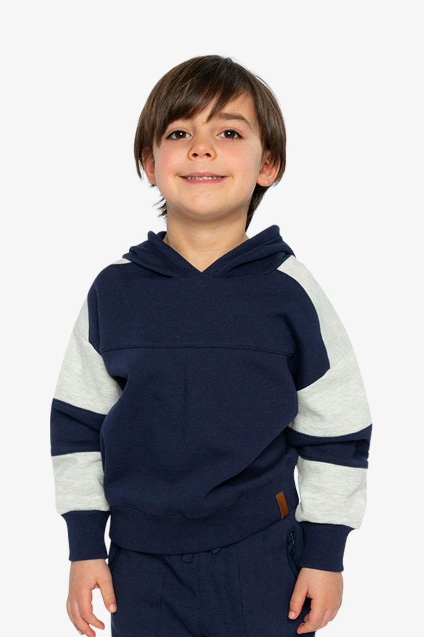 Hooded Striped Fleece Cardigan Dark Blue and Beige