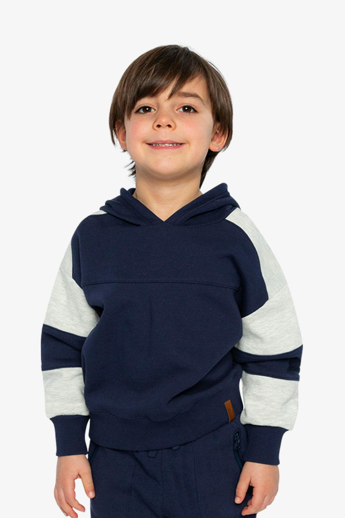 Hooded Striped Fleece Cardigan Dark Blue and Beige