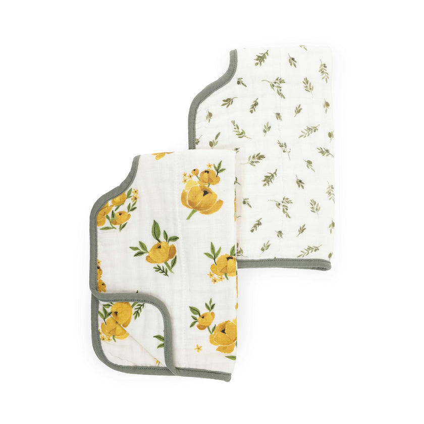 Organic Cotton Muslin Burp Cloth 2 Pack - Yellow Roses + Olive Branch