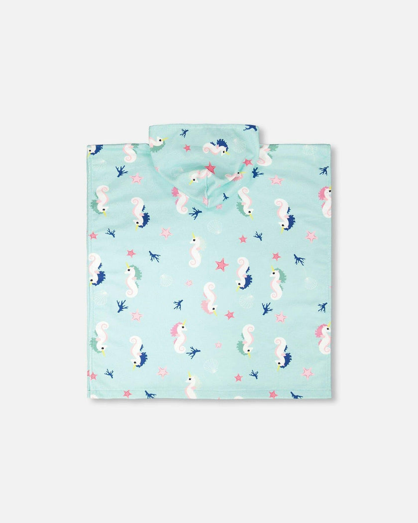 Hooded Beach Towel Blue Seahorse Print