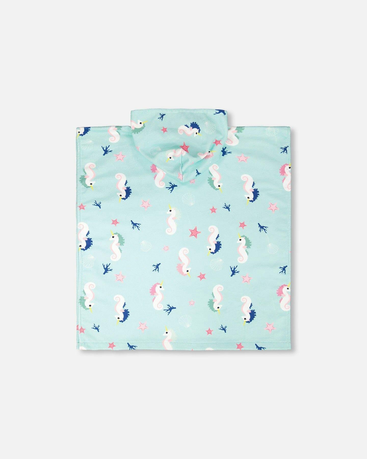 Hooded Beach Towel Blue Seahorse Print