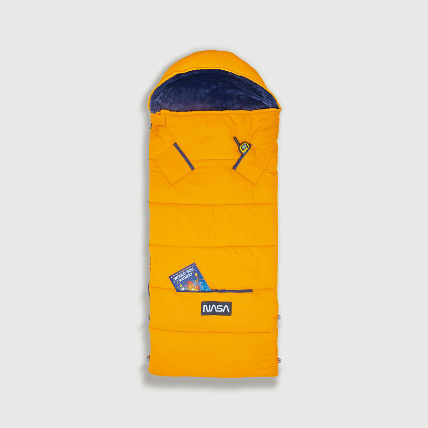 Sleep-N-Pack™ – Big Kid Size | NASA Official Logo & Patches | 2-in-1 Backpack & Sleeping Bag with Cozy Fleece Liner - ORANGE