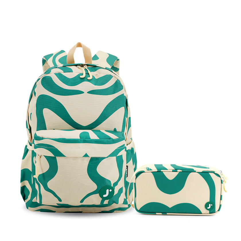 Oz Daypack Backpack with Doodle Large Pencil Case in Green Swirl