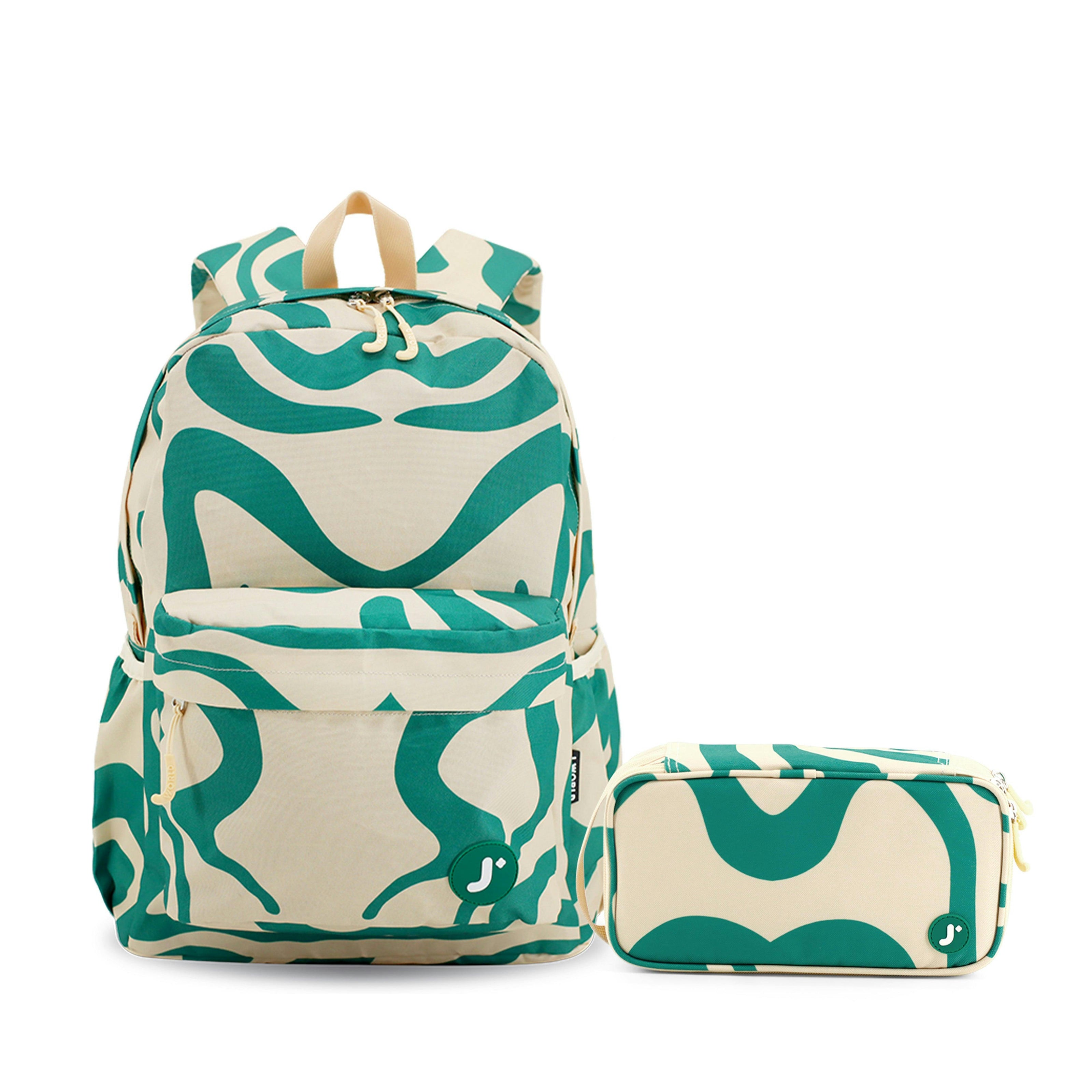 Oz Daypack Backpack with Doodle Large Pencil Case in Green Swirl