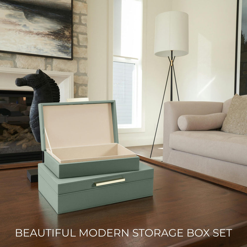 Decorative Storage Boxes with Lids - Set of 2 PU Leather Organizer Bins for Bookshelf Decor - Store Photos, Documents and Memory Box Keepsakes in Style