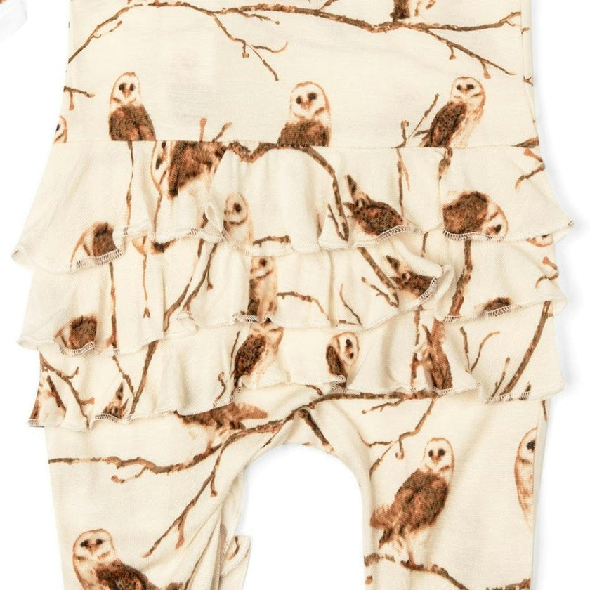 Owl Bamboo Ruffle Zipper Footed Romper