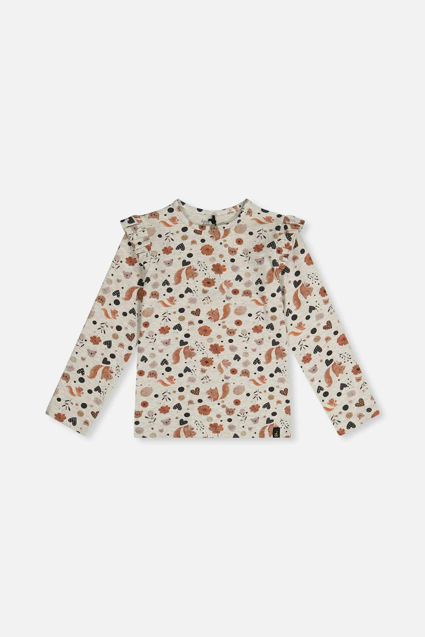 Long Sleeve Organic Cotton T-Shirt Beige With Squirrel Print