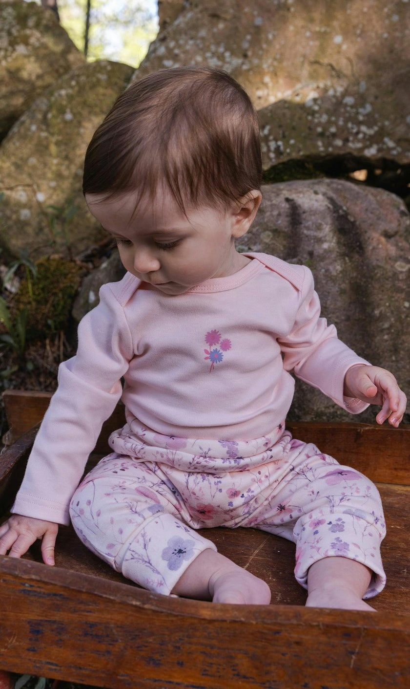 Organic Cotton Evolutive Pants Pink Printed Flowers