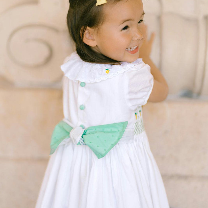 Victoria White Smocked Dress with Hand-Embroidered Lemons